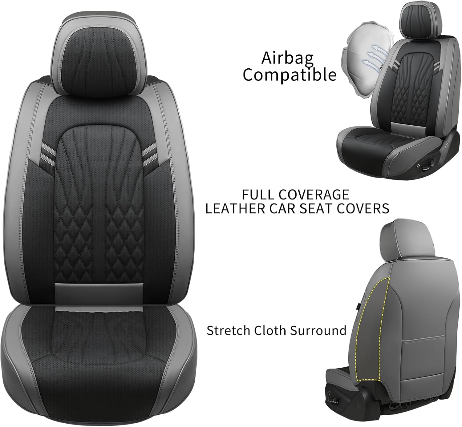 Leather Car Seat Covers,Breathable and Waterproof Faux Leather Automotive Seat Covers for Cars SUV Truck Sedan,Universal Driver Seat Cover Grey&Black