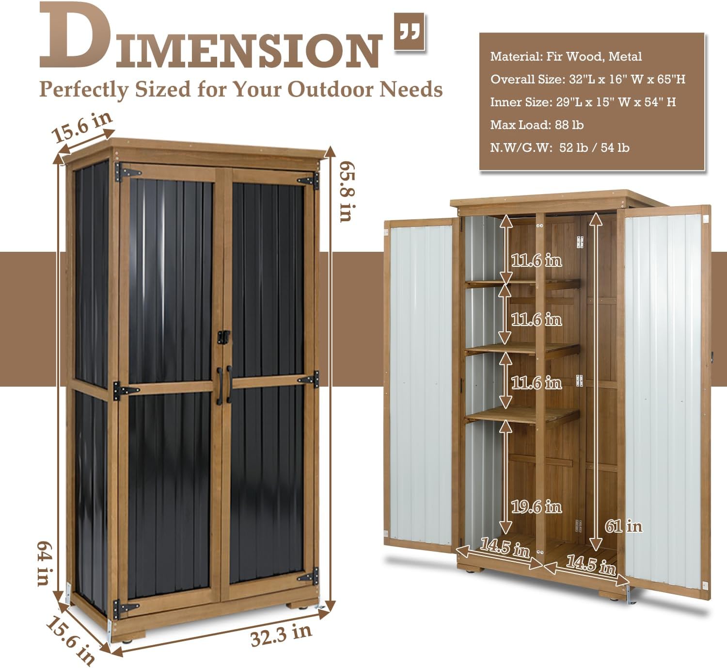 Outdoor Storage Cabinet Waterproof with Shelves, Small Storage Shed, Vertical Tall Patio Backyard Garden Storage Cabinet Tool Organizer for Outside