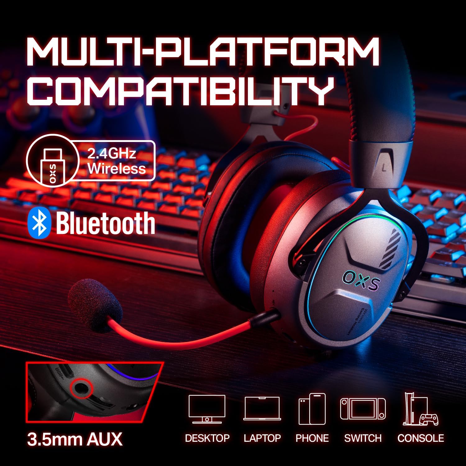 OXS Storm G2 Wireless Gaming Headsets, 7.1 Virtual Surround Sound, 3 EQ Modes, 2.4G Low Latency, 50mm Driver, 40H Playtime, RGB Light, Bluetooth 5.3, Compatible with PC, Console, Mobile, Black