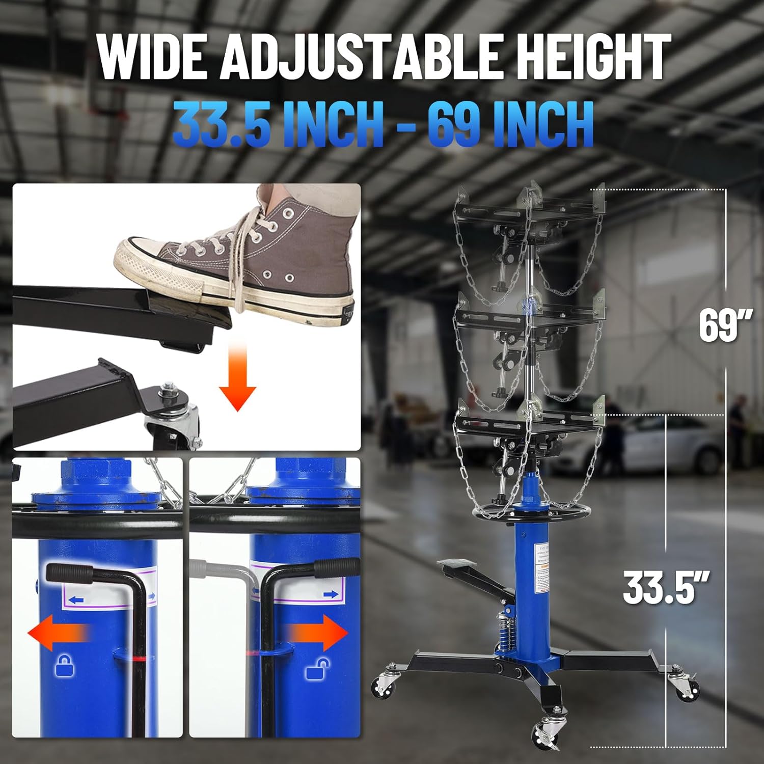 Transmission Jack with 2 Stage Hydraulic Ram, 1322 LBS Hydraulic Telescoping Transmission Jack with Foot Pedal & 360° Swivel Wheels, Heavy-Duty Garage/Workshop Jacks for Car/Truck Repairs, Blue