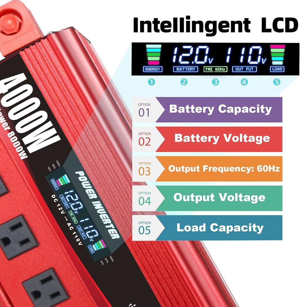 4000W Power Inverter 12V to 110V/120V DC to AC with LCD Display, Remote Controller 5 x AC Outlets and 4 x 3.1A USB Car Adapter for Car Truck Boat RV Solar System