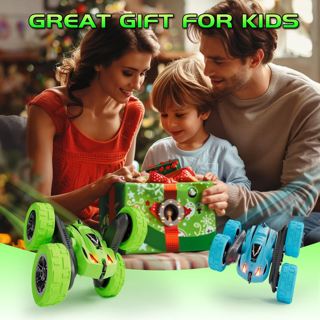 Remote Control Car for 6-12 Year Old Double Sided 360°Rotating 4WD RC Cars with Headlights 2.4GHz Rechargeable Electric Stunt Race Car Toy for Boys Girls Birthday Gifts(Green)