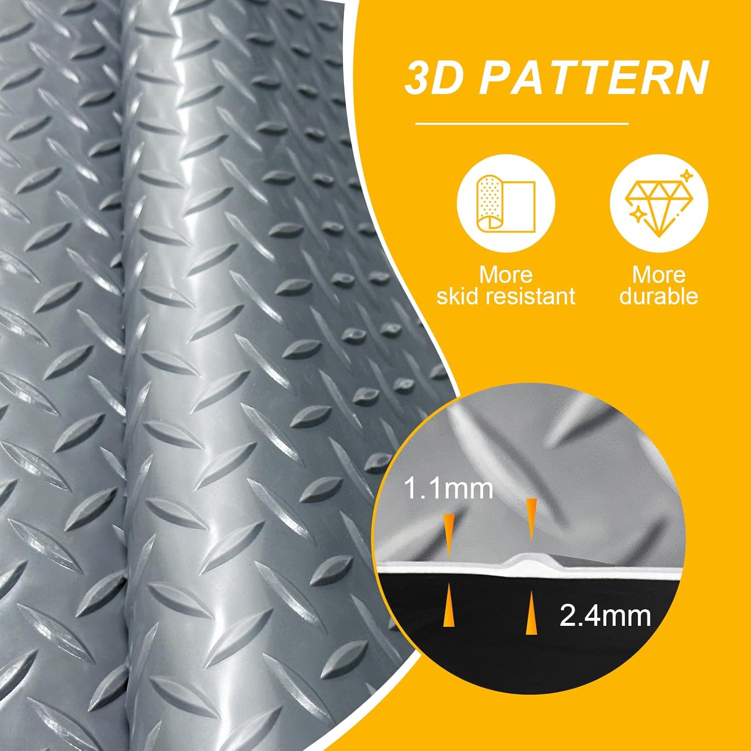 7.5x18 FT Garage Floor Mat, Flooring Roll with 20Pcs Tapes, 135 sqft Diamond Plate PVC Rubber Trailer Mat, Non-Slip Floor Mat for Garage, Warehouse, Gyms, Trailer, Pickup Truck (Grey)