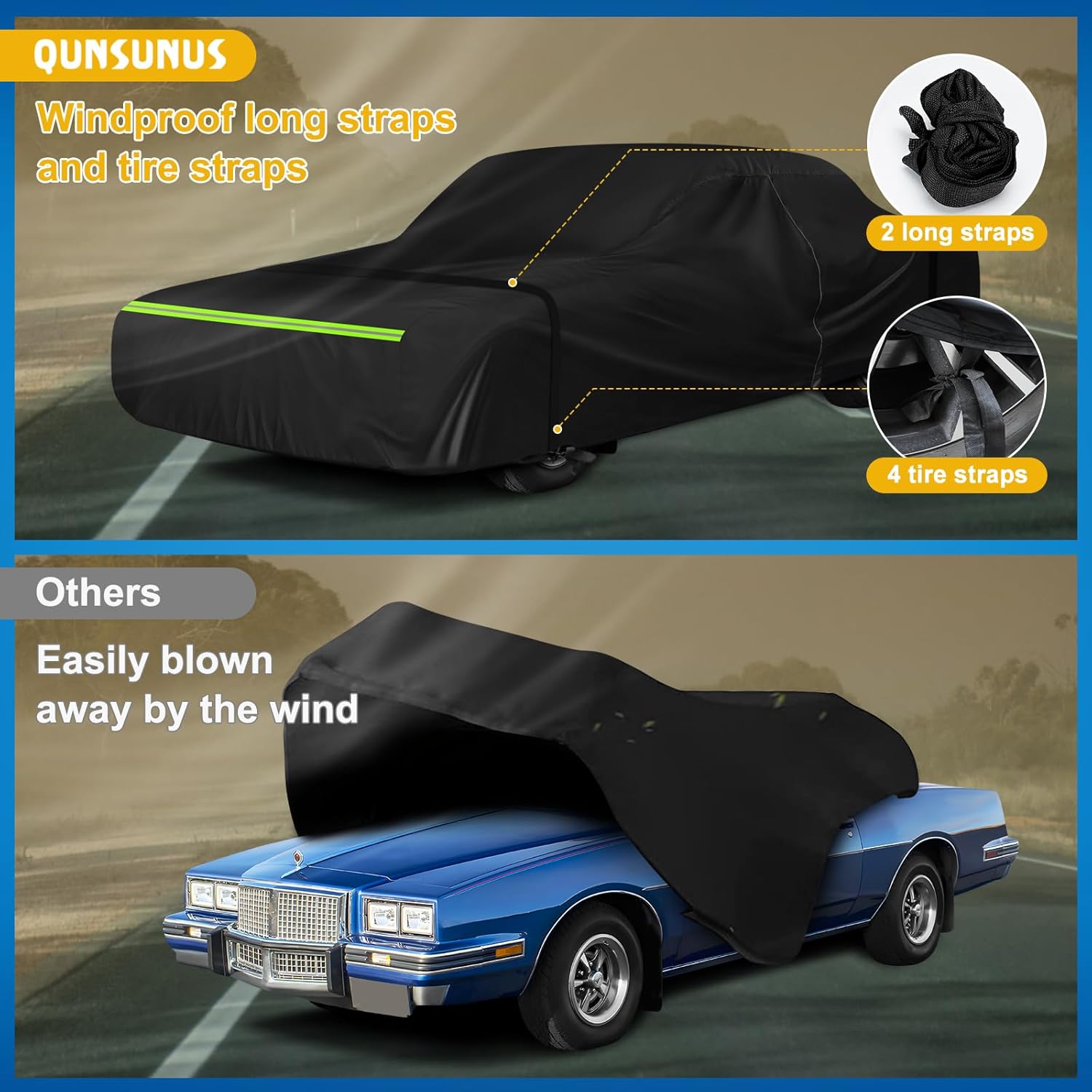QUNSUNUS Waterproof Car Cover for Pontiac Grand Prix 1978-1996, Outdoor Car Covers with Zipper, All Weather Cover with Straps and Elastic Edges for Wind, Sun, UV and Dust Protection