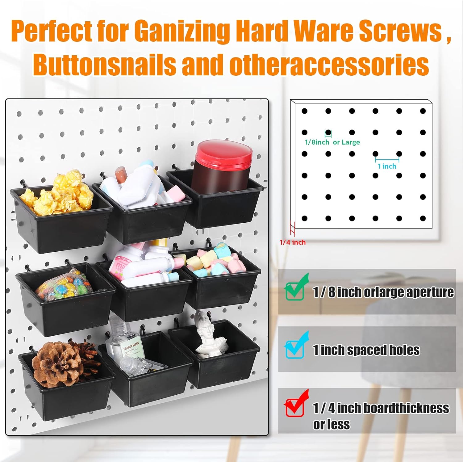 Yookeer 20 Pcs Pegboard Bins and Cups with Hooks and Loops Peg Assortment Organizer Accessories Various Tool Organizer Pegboard Baskets Set for Garage Workshop Workbench Office(Black)