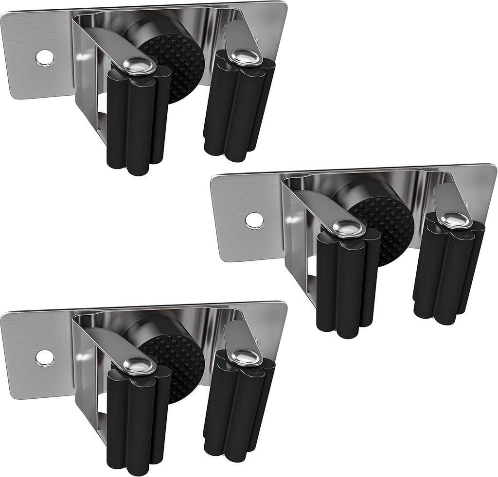 Self Adhesive Broom and Mop Holder Wall Mounted – SUS304 Stainless Steel 2-Slot Organizer with Anti-Slip Rubber Grips, 25lb Load, Adjustable for 0.6–1.4" Handles, Garage Kitchen Bathroom Use, 3 Pcs