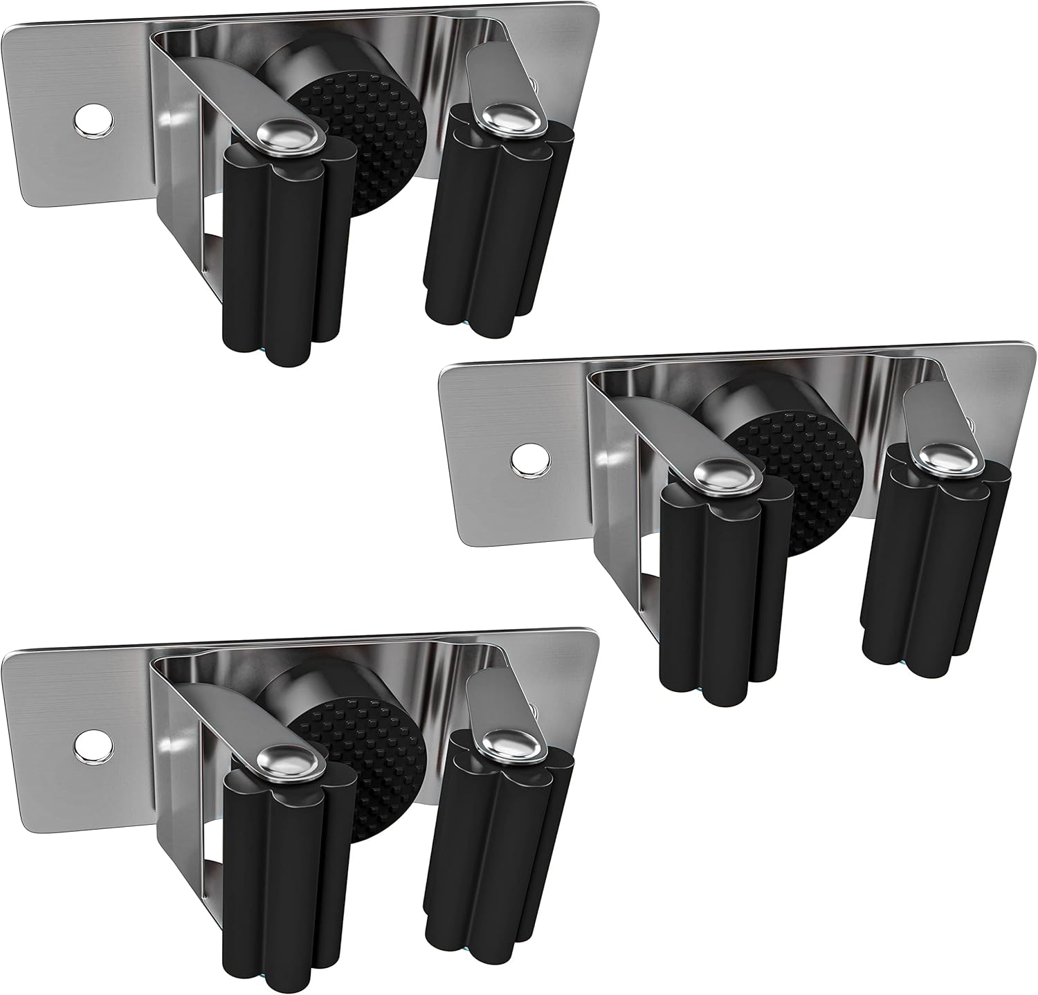 Self Adhesive Broom and Mop Holder Wall Mounted – SUS304 Stainless Steel 2-Slot Organizer with Anti-Slip Rubber Grips, 25lb Load, Adjustable for 0.6–1.4" Handles, Garage Kitchen Bathroom Use, 3 Pcs