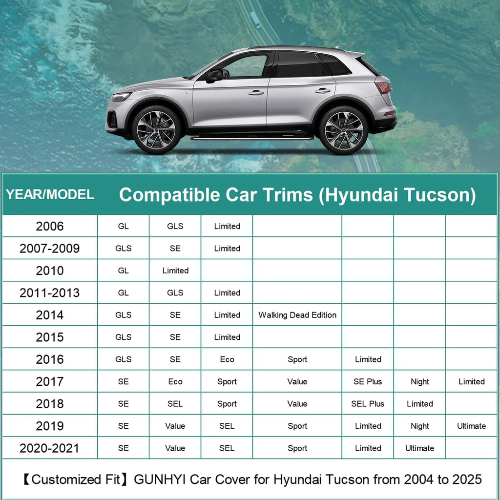 Premium Car Cover Custom Fit Hyundai Tucson (2004-2025), 16 Layers Heavy Duty Car Cover Waterproof All Weather with Zipper Door for Sun Rain Snow Dust Uv Protection