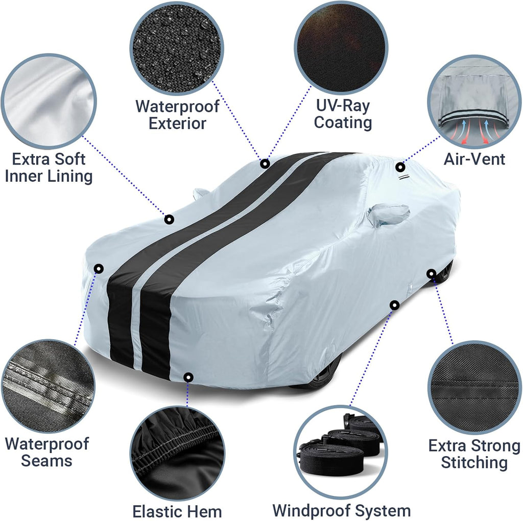 iCarCover Custom Car Cover for Chevy Sonic Hatchback (2012-2021) Waterproof All Weather Rain Snow UV Sun Protector Full Exterior Indoor Outdoor Car Cover (Stripe - Gray/Black)