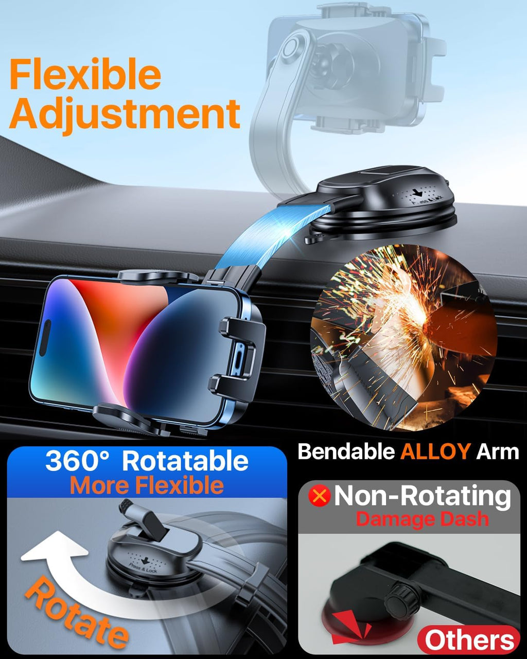 HTU Upgraded Strongest Suction Car Phone Holder Bendable Arm, Never Block View Rotatable Cellphone Mount for Dashboard Windshield Vent, Cradle Stand for iPhone 16 15 14 13 12 Pro Max (Red)