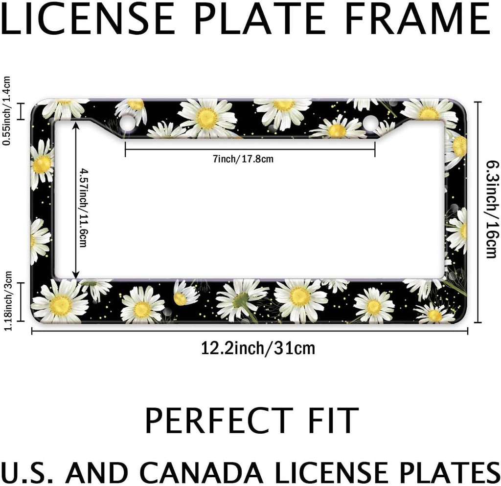 Daisy Flowers Car License Plate Frame, Flowers Print Tags Frames Holder Covers, Metal Aluminum Rustproof Car Accessories US Canada Standard with Screws for Women Men 6x12 Inch 2 Holes