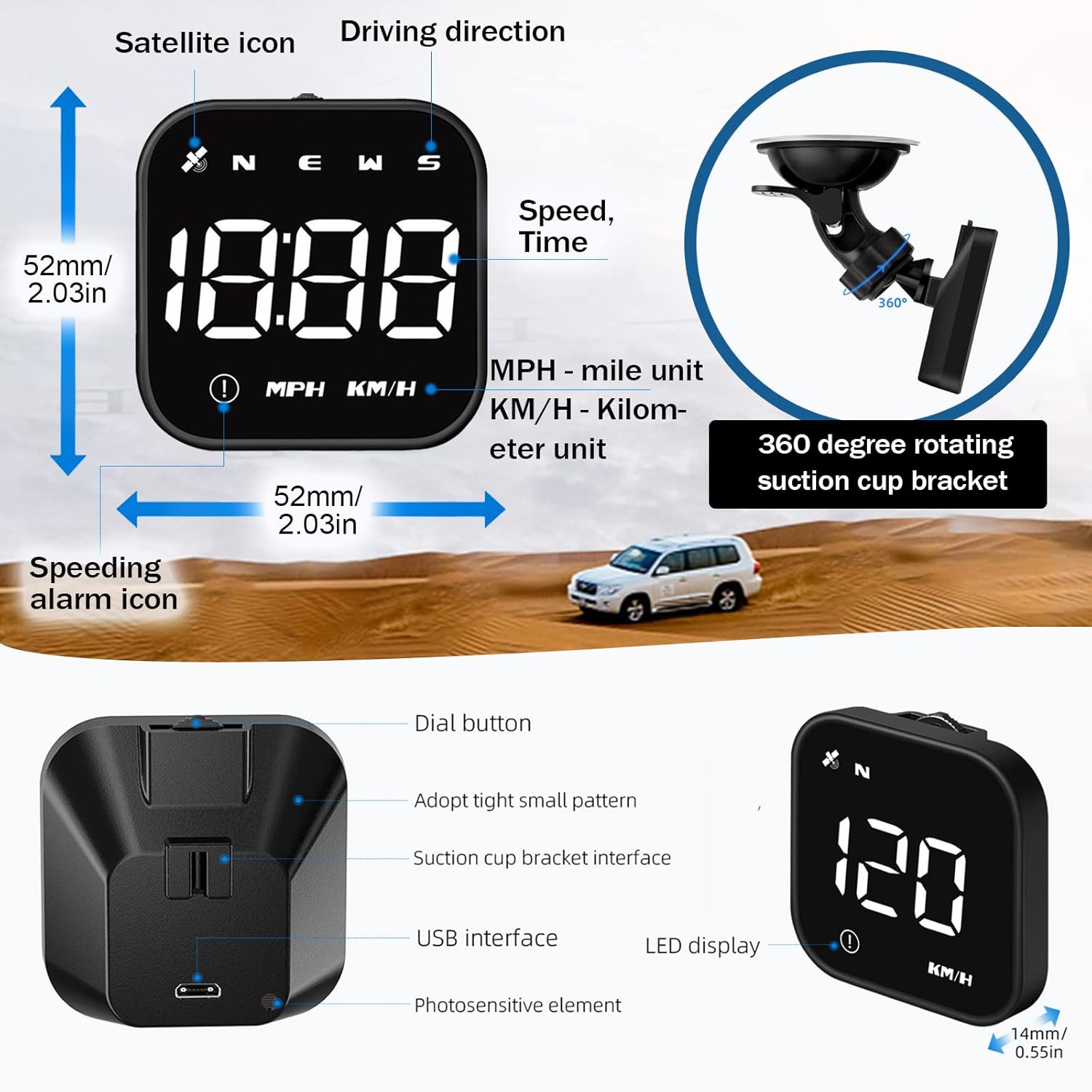 G4S Digital GPS Speedometer, Car HUD Heads Up Display with Digital Speed in MPH KPH, Overspeed Alarm, Driver Fatigue Reminder, Multifunction Speedometer Universal for All Vehicle, Fuel Cars