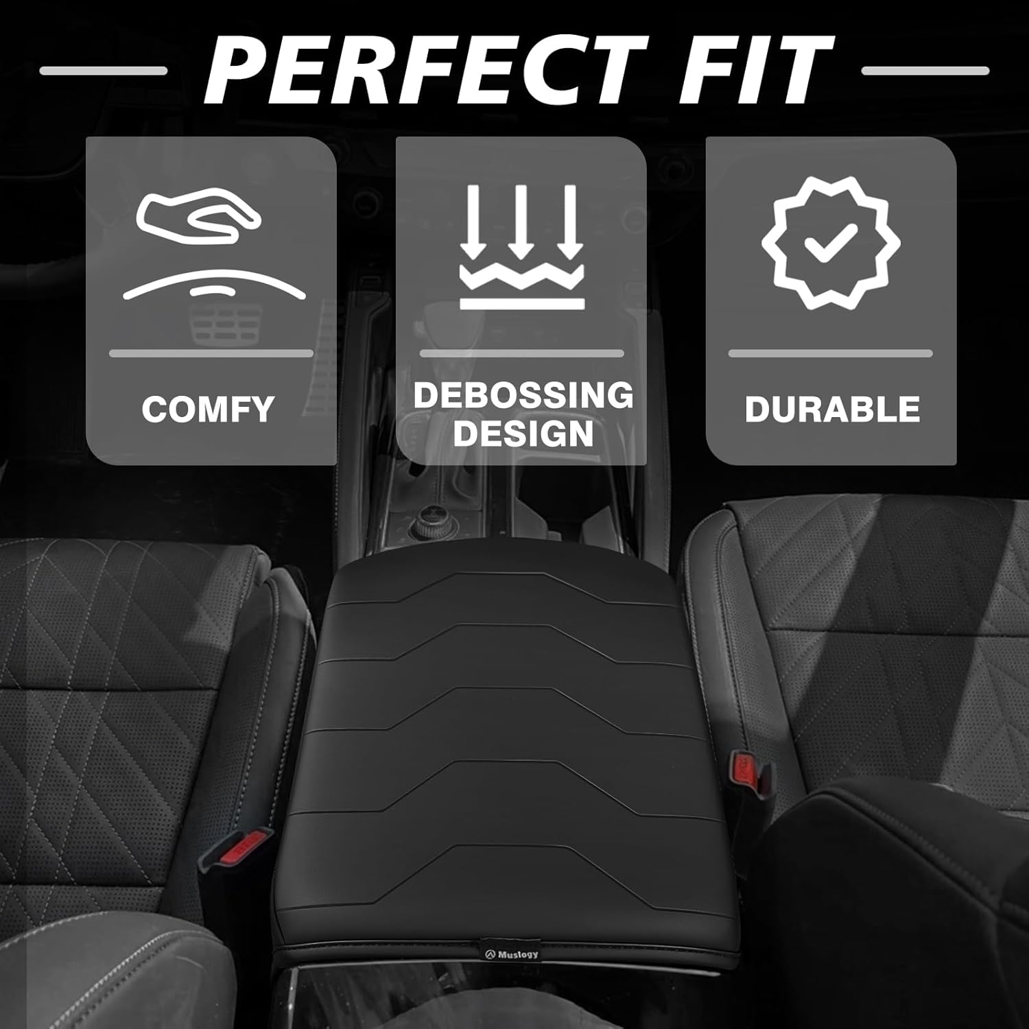 Muslogy Center Console Armrest Cover Compatible with 2020-2024 2025 Kia Telluride Comfort Armrest Pad Arm Rest Cushion Vegan Leather Protector Black Regular Thick