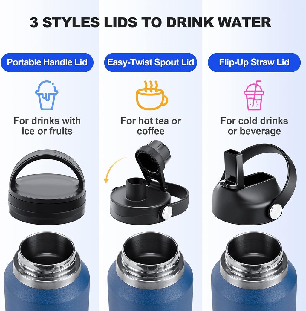SENDESTAR 40oz Stainless Steel Water Bottle(Cold for 48 Hrs, Hot for 24 Hrs),Double Wall Vacuum Insulated Bottle with Straw Lid, Spout Lid and Flex Cap, Fit in Any Car Cup Holder，Grey-B
