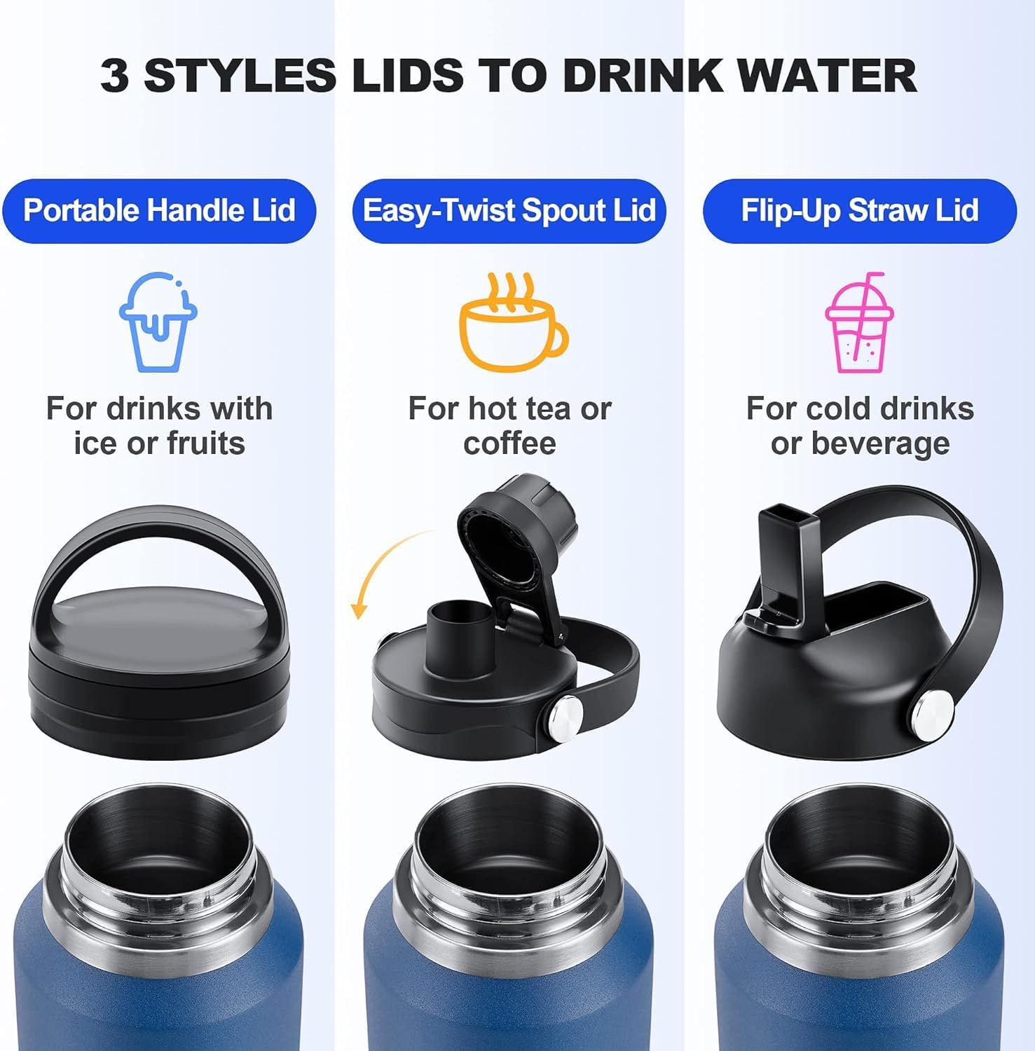 SENDESTAR 40oz Stainless Steel Water Bottle(Cold for 48 Hrs, Hot for 24 Hrs),Double Wall Vacuum Insulated Bottle with Straw Lid, Spout Lid and Flex Cap, Fit in Any Car Cup Holder，Navy
