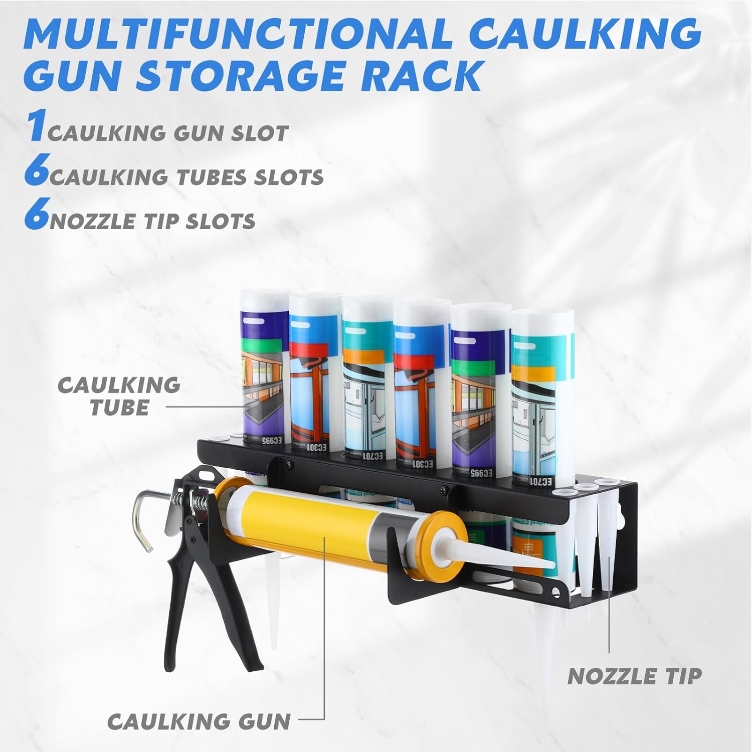 Hicarer Caulking Tube and Gun Holder Caulking Gun Storage Rack with Horizontally Base Sealant Organizer for Garage and Workspace Wall Mounted Tubes and Nozzle(1 Pack)