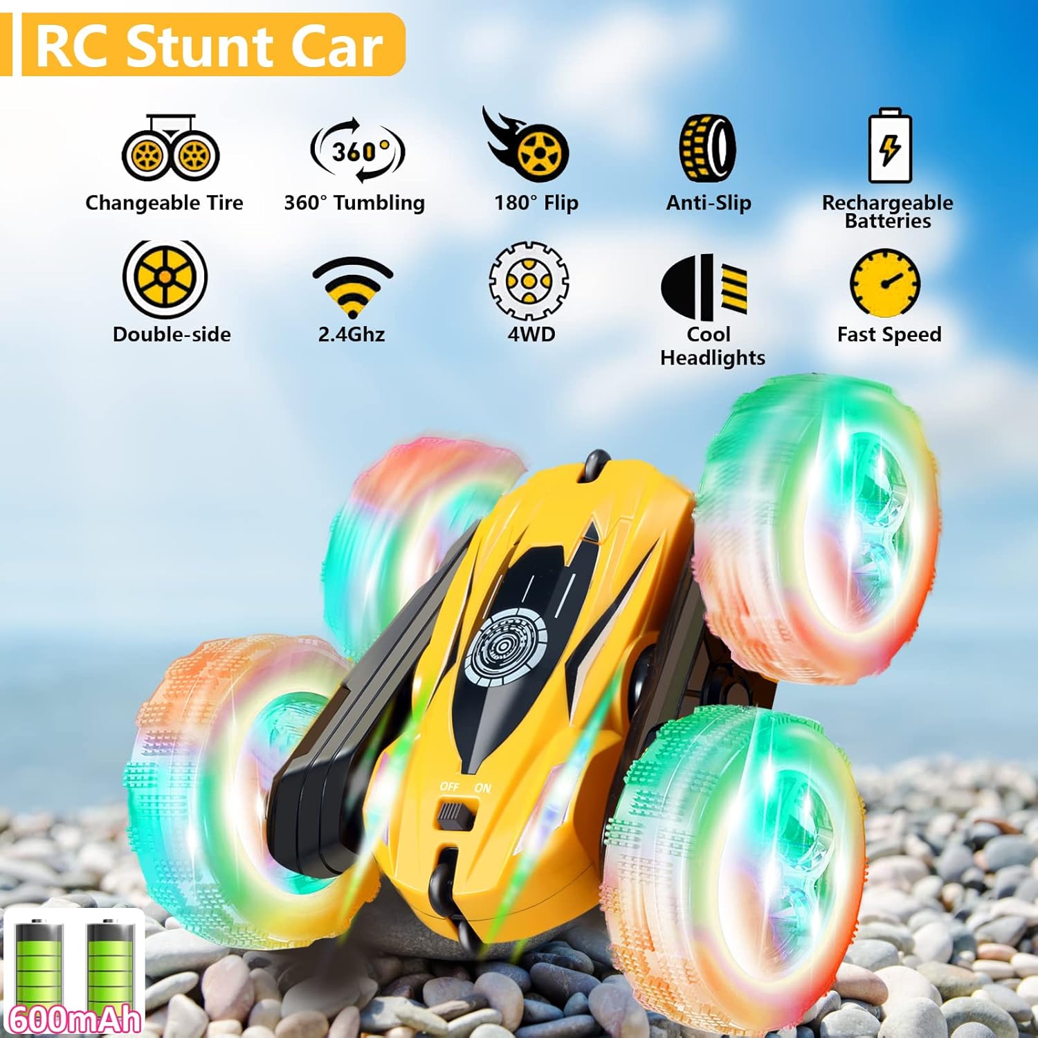 FREE TO FLY Remote Control Car for Boys 6-12: Kids Rc Stunt Car 2.4GHz Fast Race Car with Lights 4WD 360°Rotating RC Cars Toy Gifts Presents for Boys Girls Age 6 7 8 9 10 11 Year Old Yellow