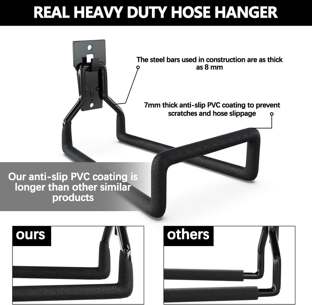 3-H Solid Steel Garden Hose Holder - 4 Pack Wall Mount Hanger with Extension Strap for Outdoor Air Hose, Ropes, Pipes & More