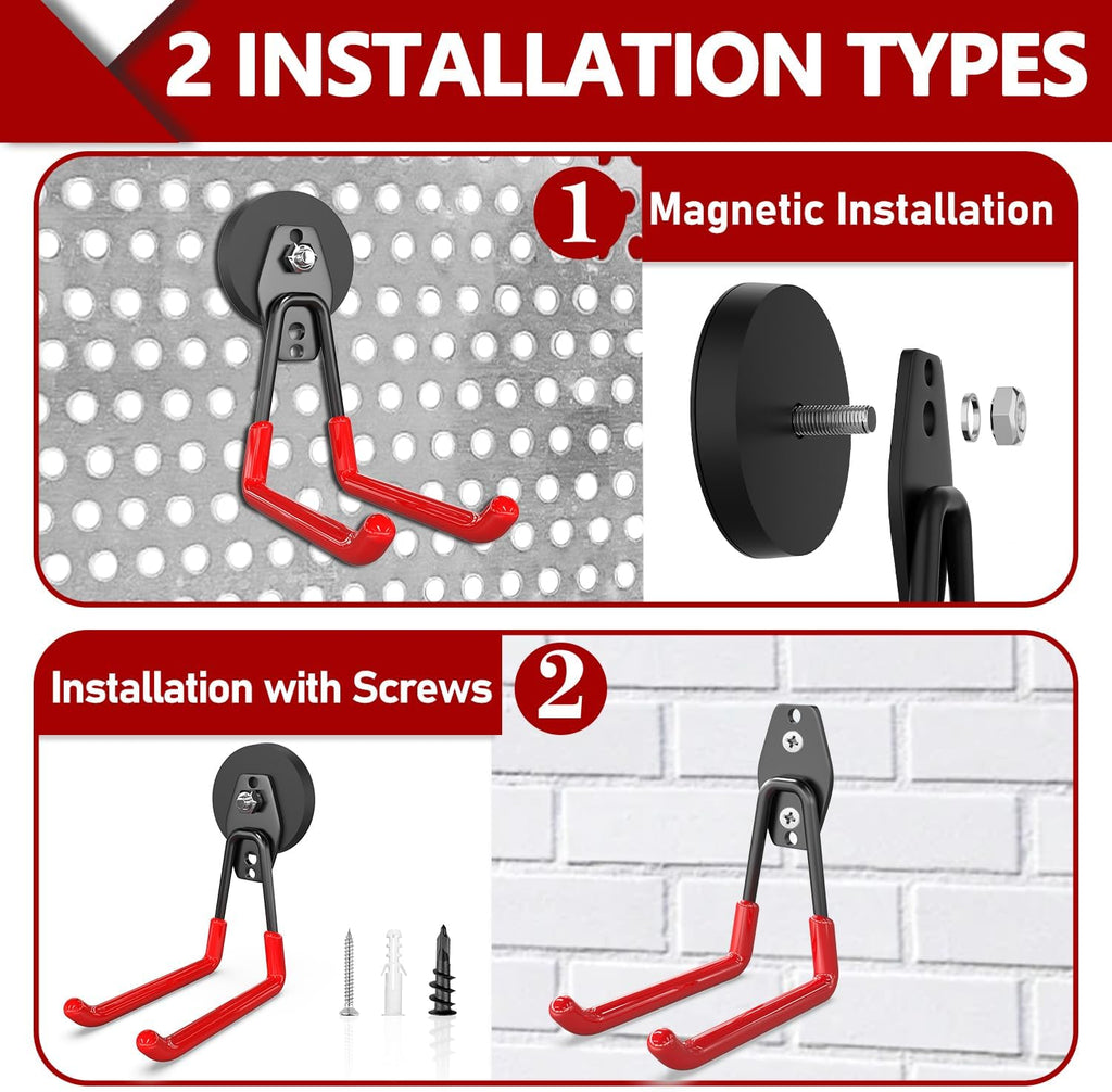 3-H Heavy Duty Magnet Garage Hooks 2 Pack, Extra Large Strong Magnetic Hooks for Hanging Cordless Power Drill, Utility Magnetic Tool Holder for Metal Cabinet, Steel Pegboard, Toolbox, Garage(Red)