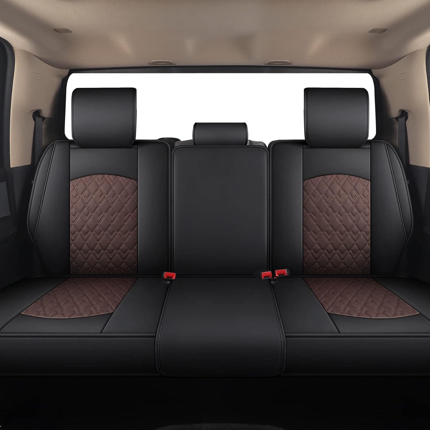 JOJOBAY Car Seat Covers for Dodge Ram Full Set,Fit Ram 2009-2025 1500/2500/3500 Pick-up Truck,Crew,Regular,Quad,Mega Cab,Waterproof Leather Seat Covers Protectors（5PCS Full Set,Black-Brown）