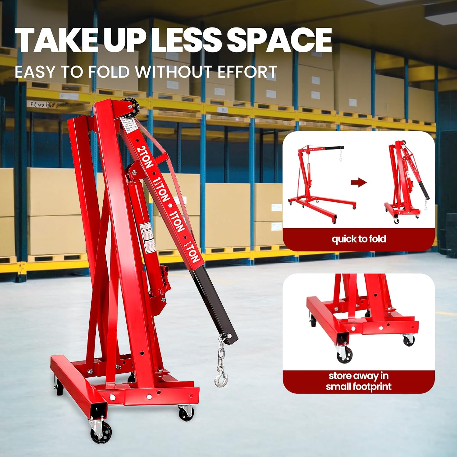 4400 Lbs Folding Engine Hoist Cherry Picker, 2 Ton Engine Hoist with Lever, with 6 Casters, 8 Ton Hydraulic Pump 4 Adjustable Position, Engine Crane for Garage, Workshop, Repair(Red)
