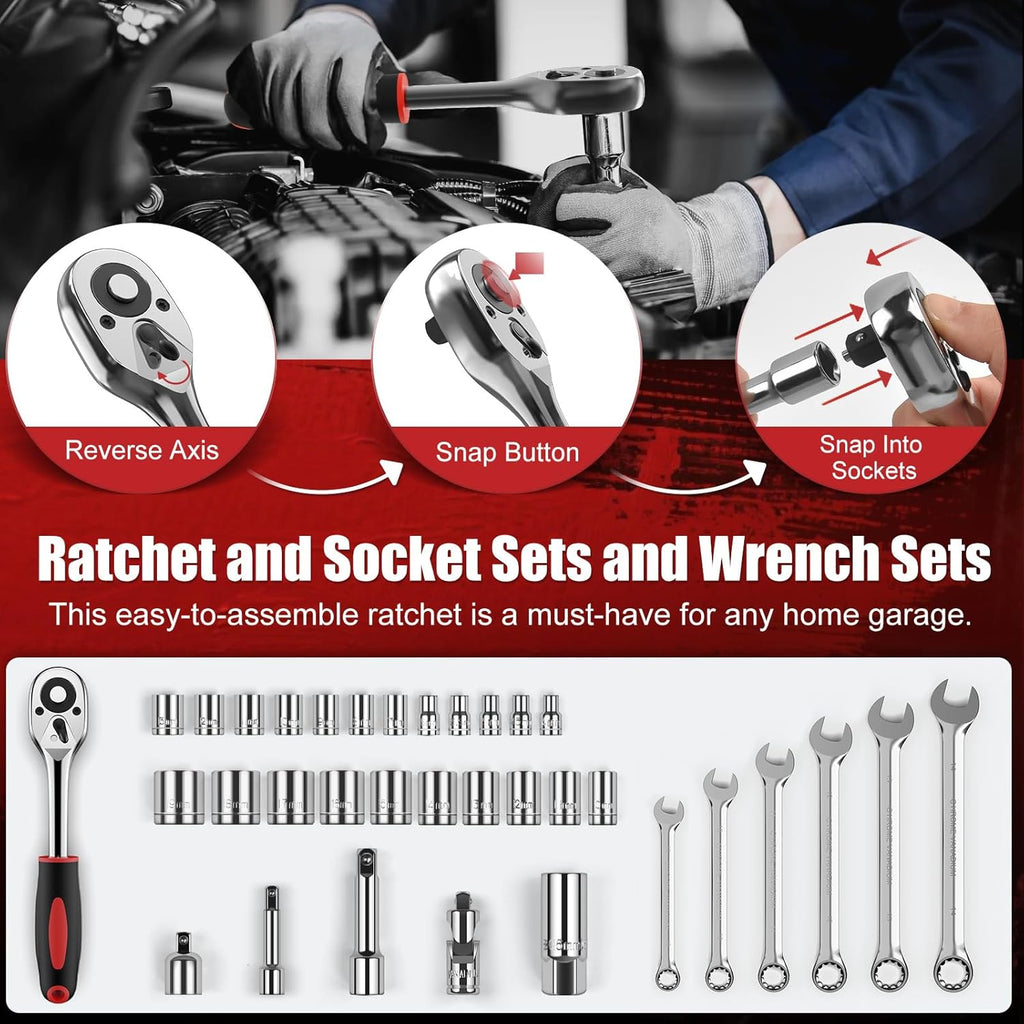 Sundpey 132-PCs Car Tool Kit - Portable General Basic Home and Automotive Repair Tool Set with Drawer for Men Women with Hook & Pick & Fastener & Valve Stem Removal Tools for RV Truck Motorcycle Bike