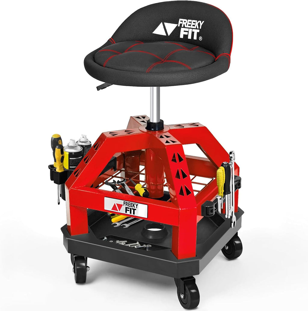 Rolling Shop Stool for Garage with Casters, DO02-Adjustable Height 360° Swivel Shop Seat with Tool Tray Storage, 330 LBS Capacity Padded Mechanic Stool, Magnetic Tool Hold, Heavy Duty, Red