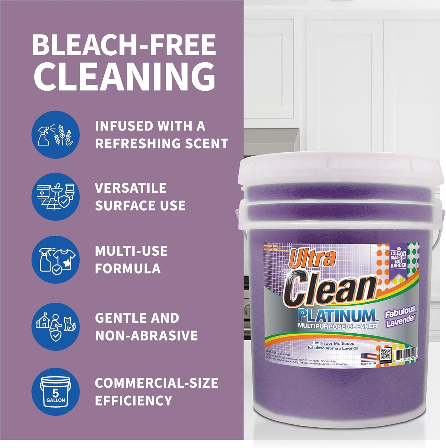 Ultra Clean Platinum Multipurpose Cleaner, Non-Abrasive and Bleach-Free, for Kitchen Counters, Bathroom Floors and Garage Spaces, Lavender, 5 Gallons