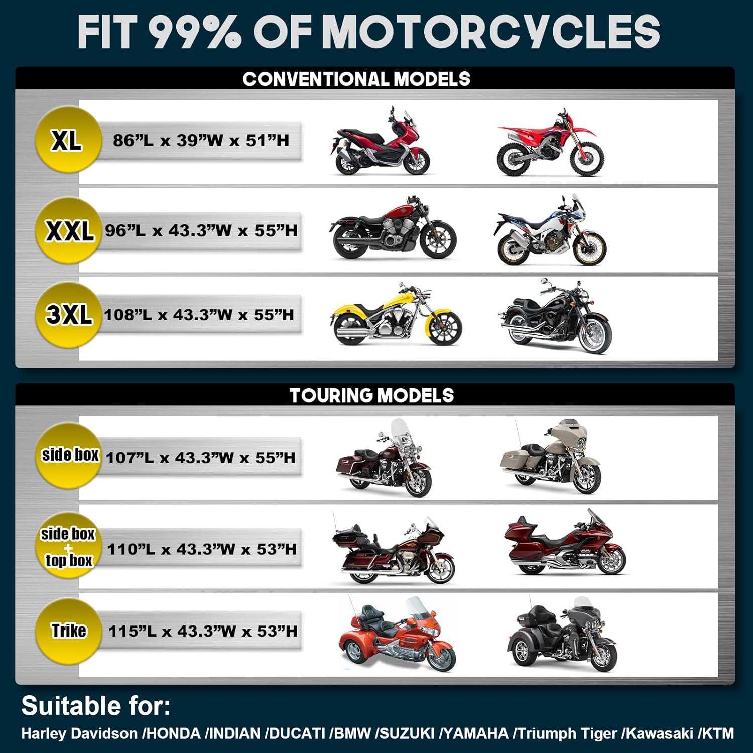 Rosefray Motorcycle Cover 600D Waterproof for Touring Models Harley Davidson Road King,Road Glide,Street Glide, Electra Glide,Low Rider-ST Indoor & Outdoor Storage Gray