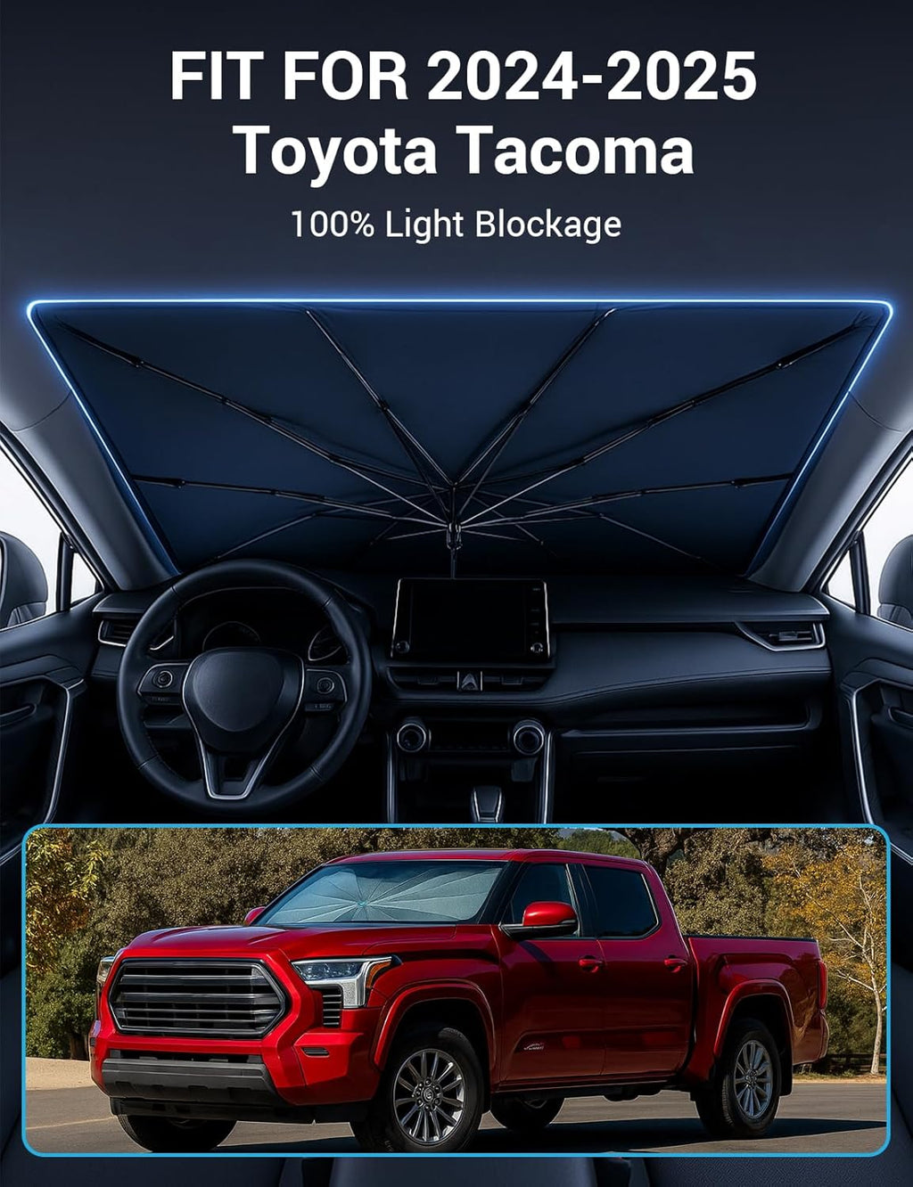 Proadsy Windshield Sun Shade Umbrella for Toyota Tacoma 2024-2025 2026 Foldable Car Umbrella Sunshade with Soft TPU Handle Spring Structure Crystal Cooling Material Protect Car from Rays & Heat