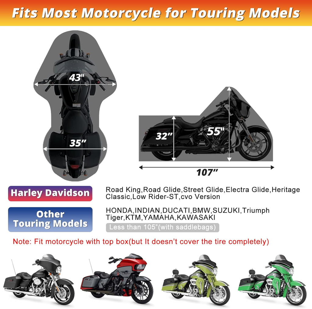 XYZCTEM Motorcycle Cover for Touring Models Harley Davidson Road King Road Glide Street Glide Electra Glide Low Rider-ST Indoor & Outdoor All Weather Protect from Dust Sunlight Rain, Black