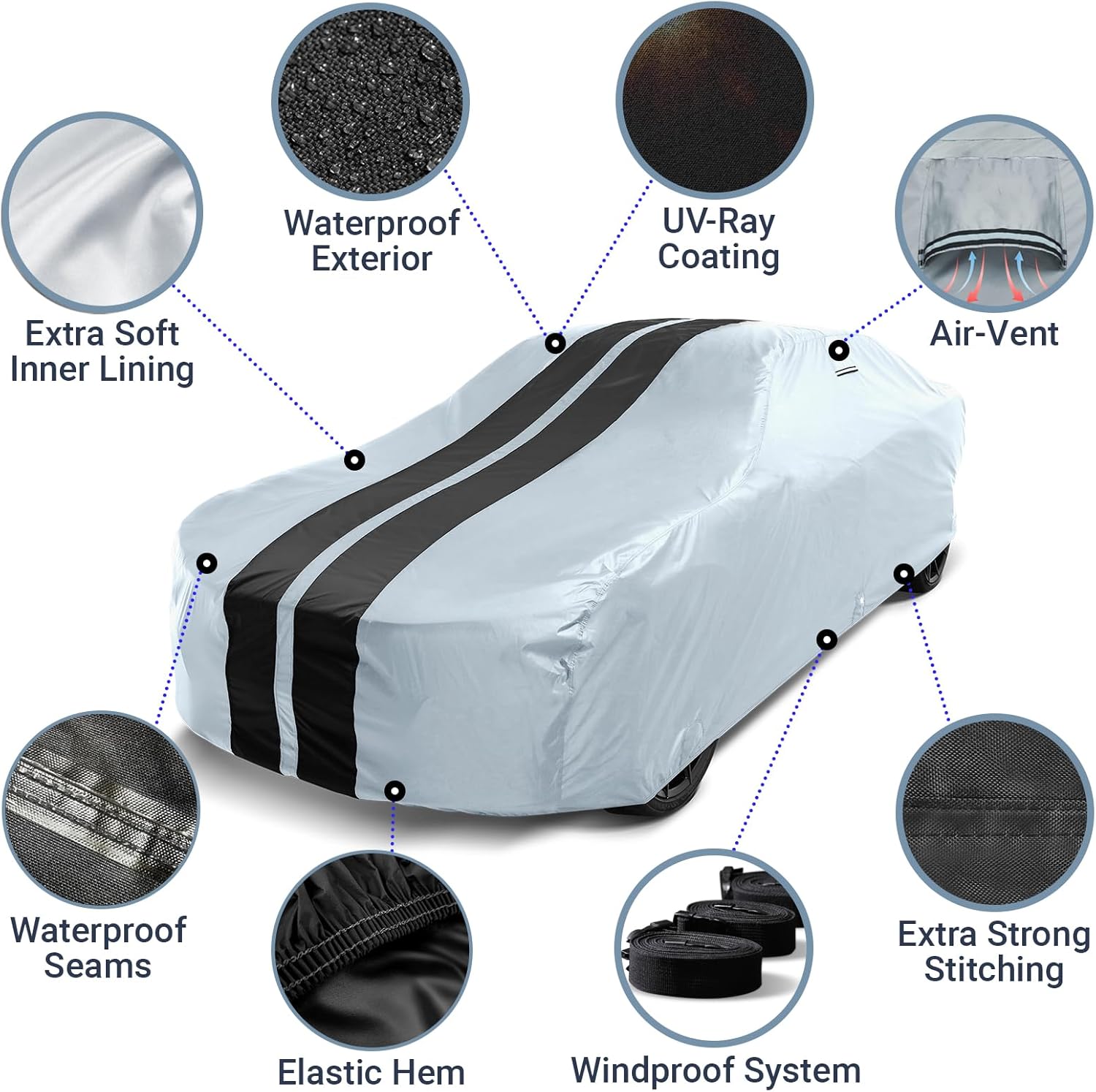 iCarCover Custom Car Cover for Chevy Corvette C1, C2 (1958-1967) Waterproof All Weather Rain Snow UV Sun Protector Full Exterior Indoor Outdoor Car Cover (Stripe - Gray/Black)