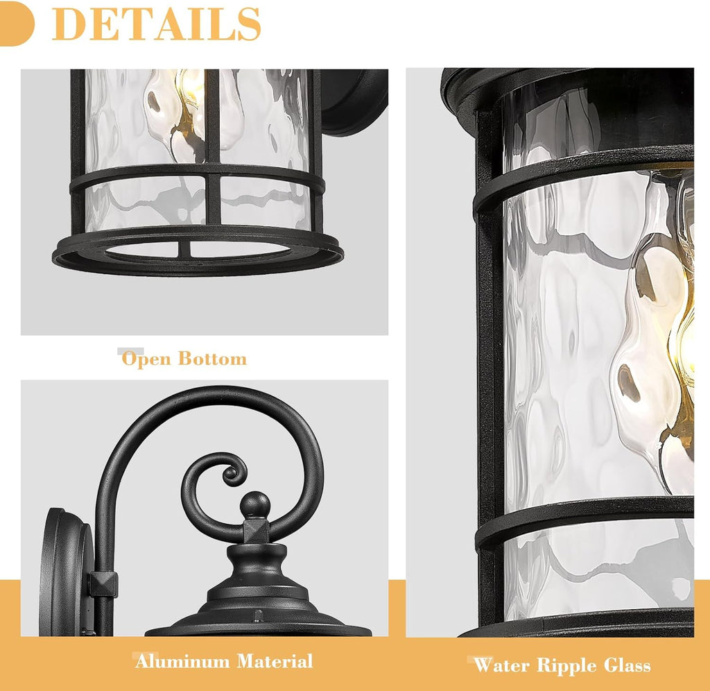 Emliviar Outdoor Wall Sconces 2 Pack, 12.4 Inch Outdoor Front Porch Lights with Water Ripple Glass in Black Finish, XE229BWG-S-2PK BK