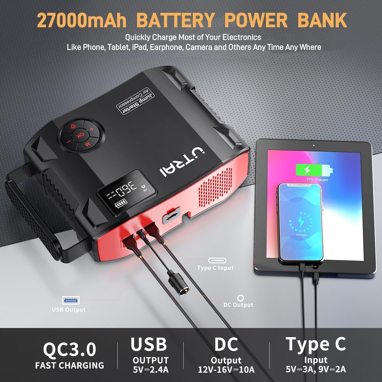 UTRAI Jump Starter with Air Compressor, 6000A 27000mAh Car Starter Jump Box with 150PSI Tire Inflator, Portable Jump Pack (All Gas/10L Diesel), DC160W, QC3.0 Jumper Cables, 1600LM Light