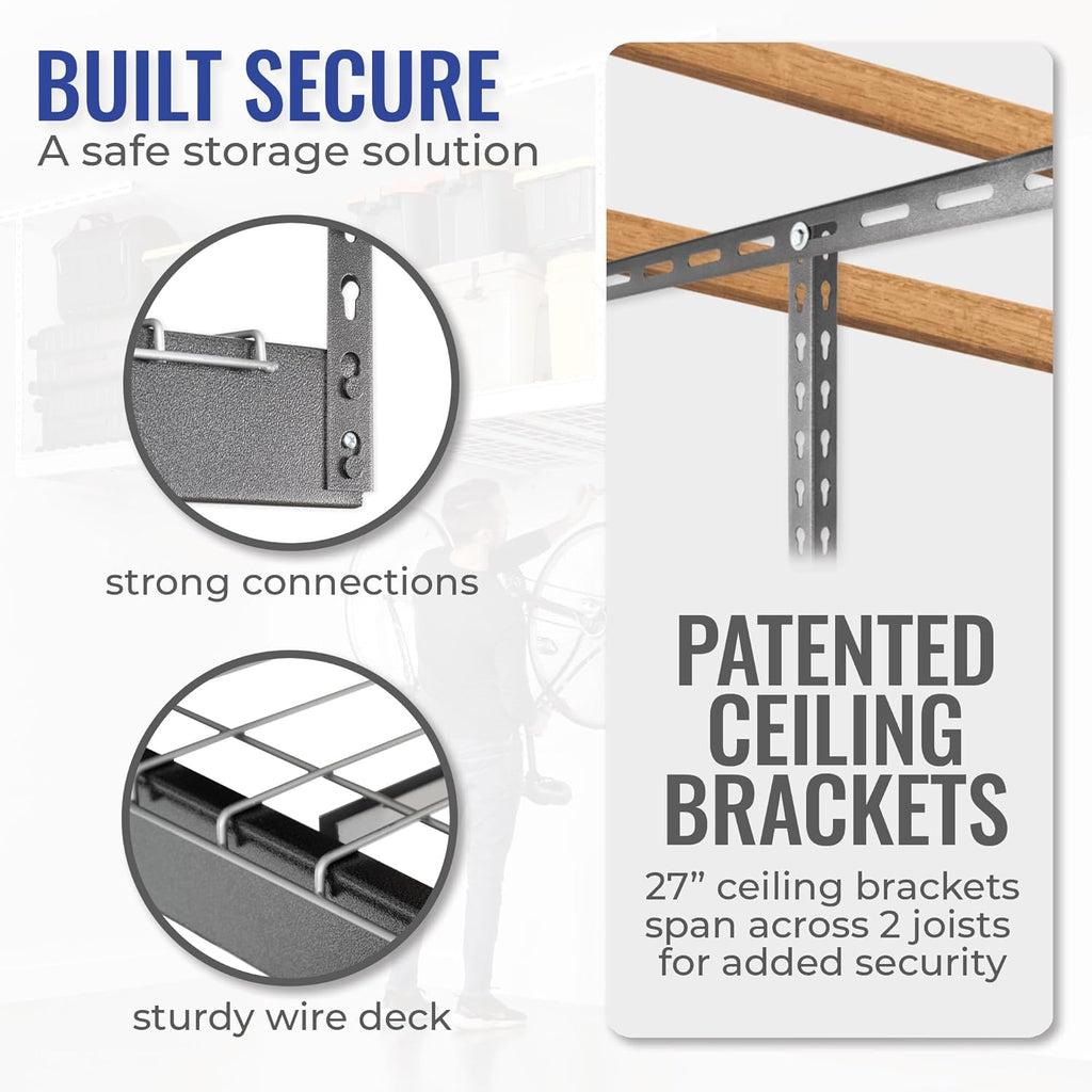 SafeRacks Overhead Storage Rack - Heavy Duty, 600 lb Capacity, Adjustable, Ceiling Mount for Garage 4x8 Hammertone (12"-21")