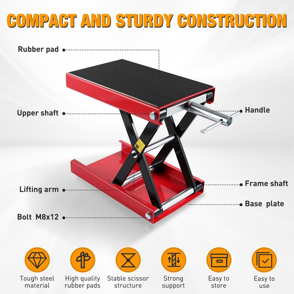 Nilight Motorcycle Lift Jack 1100 LBS Scissor Jack Stand Lift from 3.4" to 14.2" with Wide Deck Crank Handle Steel Scissor Hoist Garage Repair Lifter Table Jacks for Motorcycles ATV Dirt Bike, Red