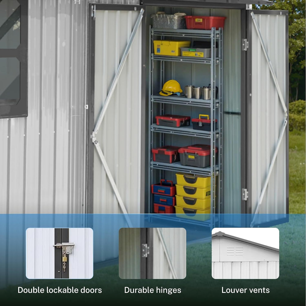 12 x 10 FT Outdoor Storage Shed, Metal Garden Tool Shed with Slooping Roof, Lockable Doors and Aluminum Frames, Easy to Assemble for Garden, Patio, Lawn, White+Yellow
