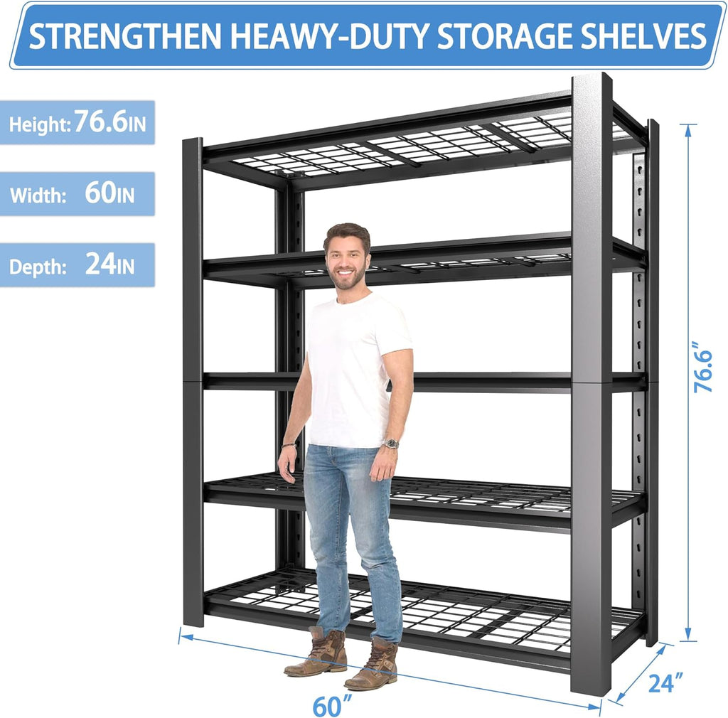 5-Tier Heavy Duty Garage Shelving Unit with Wire Shelves,3000 LBS Capacity Metal Storage Rack 76"H x 60"W x 24"D,Adjustable Boltless Steel Shelves for Garage,Basement,Pantry,Warehouse.3 Pack