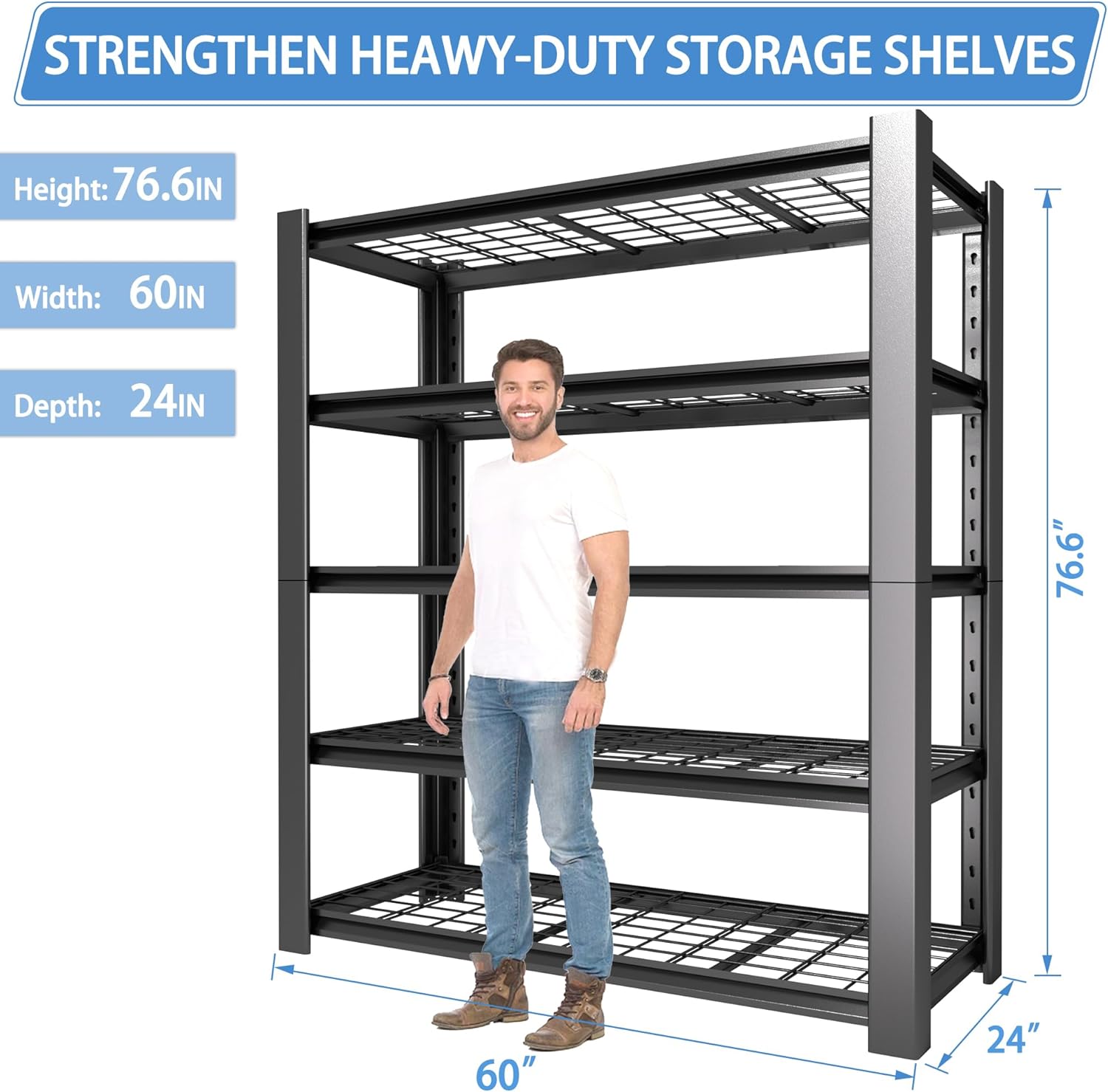 5-Tier Heavy Duty Garage Shelving Unit with Wire Shelves,3000 LBS Capacity Metal Storage Rack 76"H x 60"W x 24"D,Adjustable Boltless Steel Shelves for Garage,Basement,Pantry,Warehouse.2 Pack