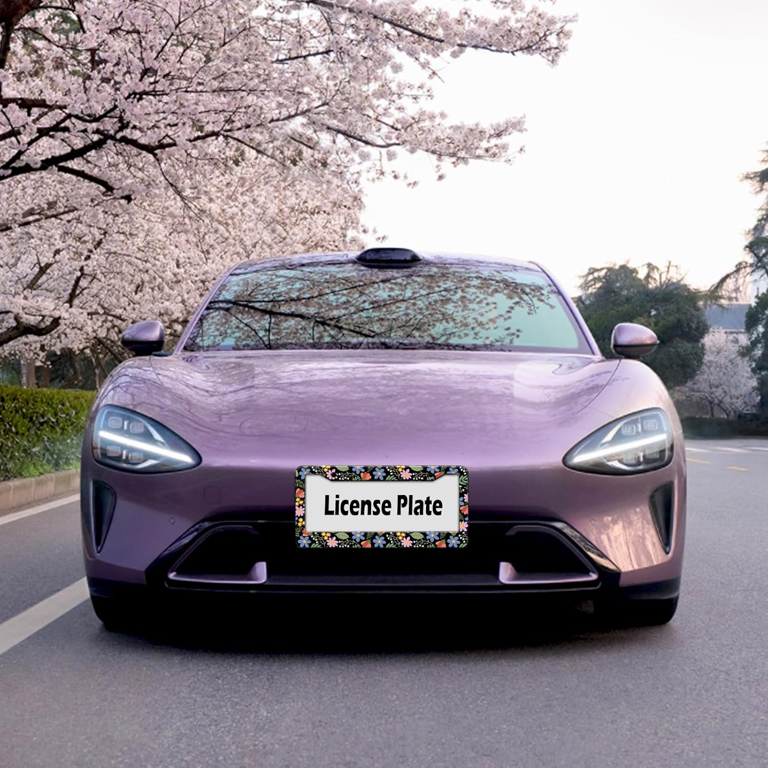 Florals License Plate Frame for Women, Blue Flowers License Tag Frames Holder Covers, Metal Aluminum Rustproof Car Accessories for Us Canada Standard, Girly Car Decorative with 2 Holes and Screw Caps
