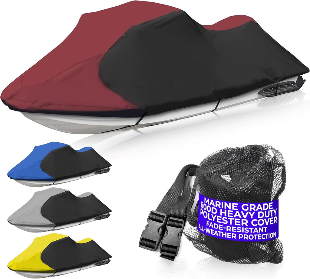 Trailerable Jet Ski Cover, Waterproof Marine Grade 600D Heavy Duty Polyester PWC Cover Burgundy/Black Fits from 136"-145" 3 Seater