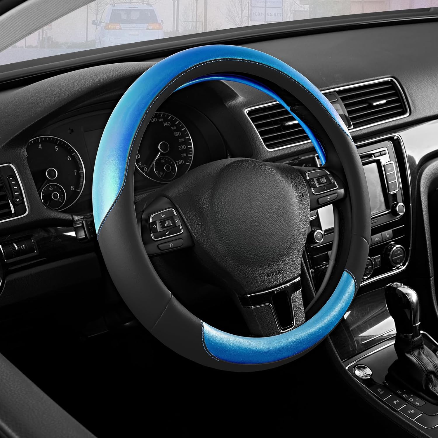 Road Comforts Steering Wheel Cover – Breathable Leather Steering Wheel Cover, Anti-Slip Grip, Universal Fit 14.5” to 15”, Heat & Cold Resistant for Cars, SUVs, and Trucks – Black & Dark Blue