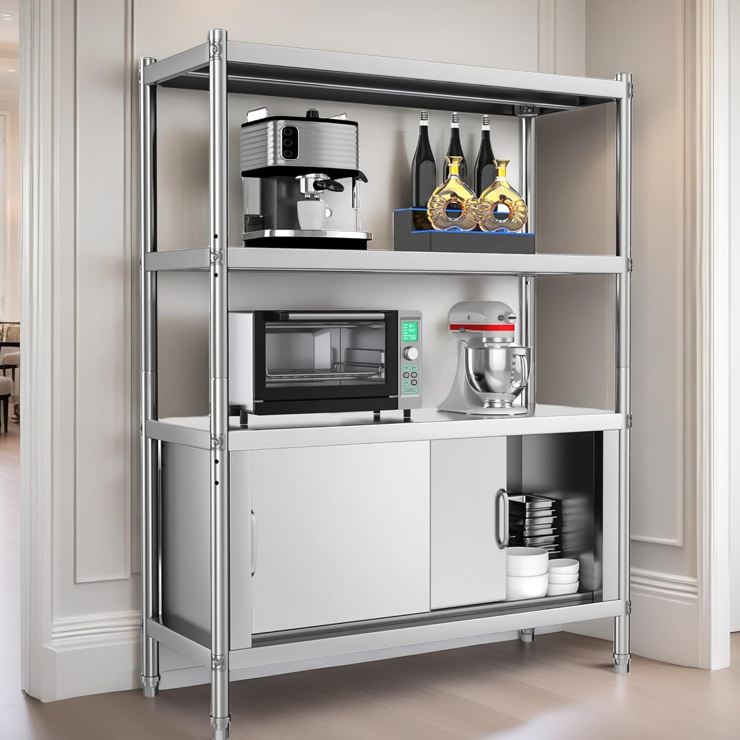 YITAHOME Stainless Steel Shelves 4 Tier, 48x18x60in Storage Shelf Unit with Cabinet, NSF Heavy Duty Floor Mount Shelving for Kitchen Garage Office Restaurant Warehouse, Indoor