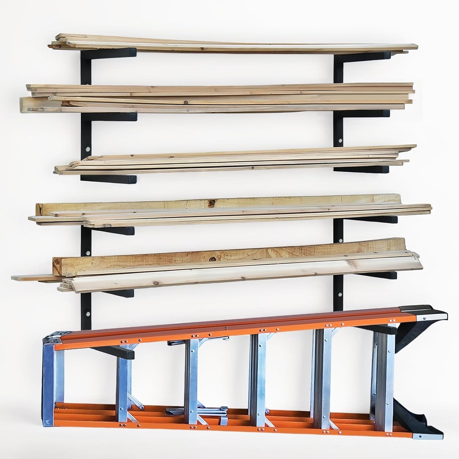 Wood Storage Racks with 3 Level, Garage Organizer Lumber Storage Rack Wall Mounted, Workshop Organizers Wood Wall Shelving, Lumber Metal Racks for Garage, Basement, Indoor and Outdoor (Black-4 Pack)