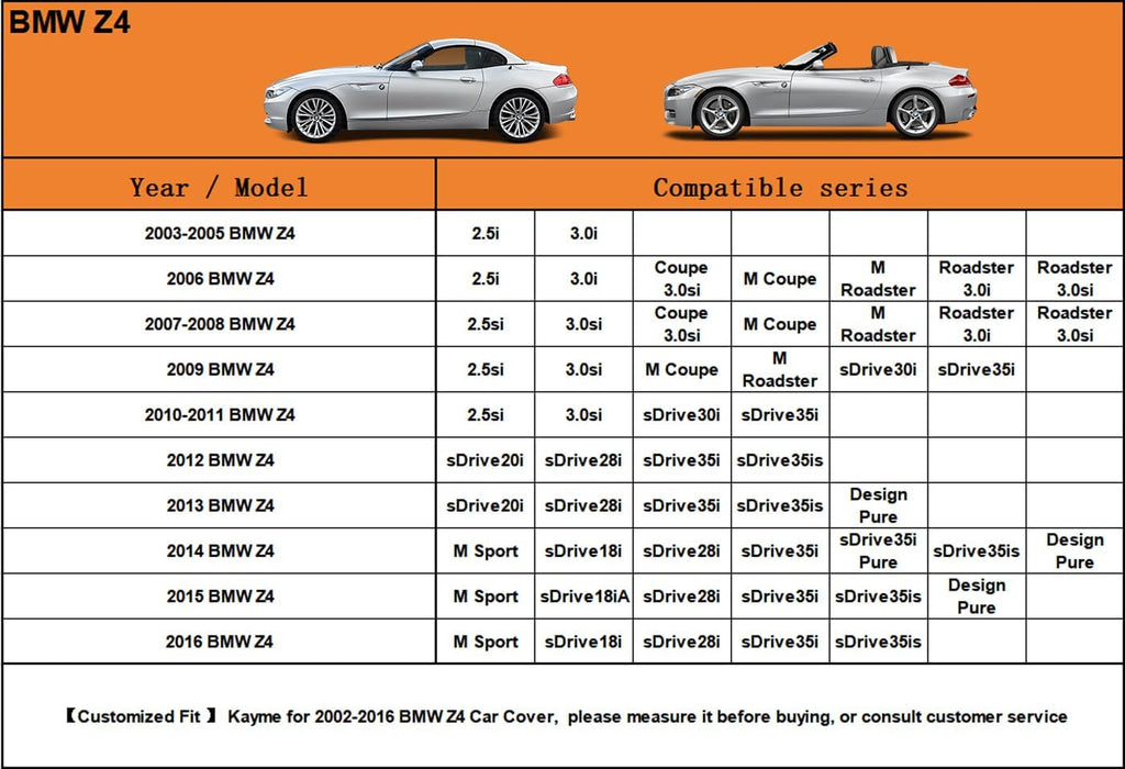 Kayme 7 Layers Car Cover Custom Fit for BMW Z4 E85 E86 E89 G29 Coupe/Roadster/Convertible (2002-2025) Waterproof All Weather for Automobiles, Outdoor Full Cover Rain Sun UV Protection