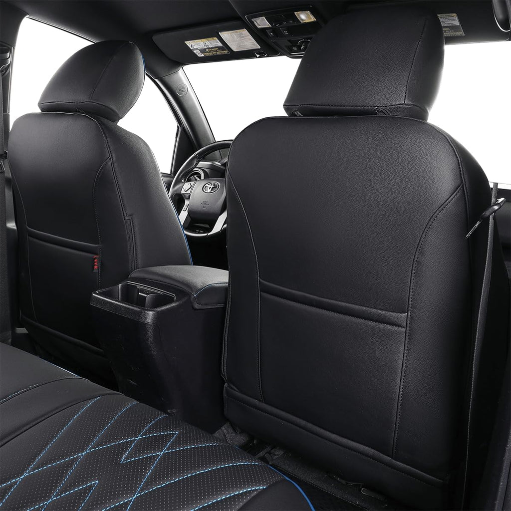 EKR Custom Fit Tacoma Front Car Seat Covers for Select Toyota Tacoma 2016 2017 2018 2019 2020 2021 2022 2023 Double Cab/Access Cab - Front Row Only, Leather (Black with Blue Trim)