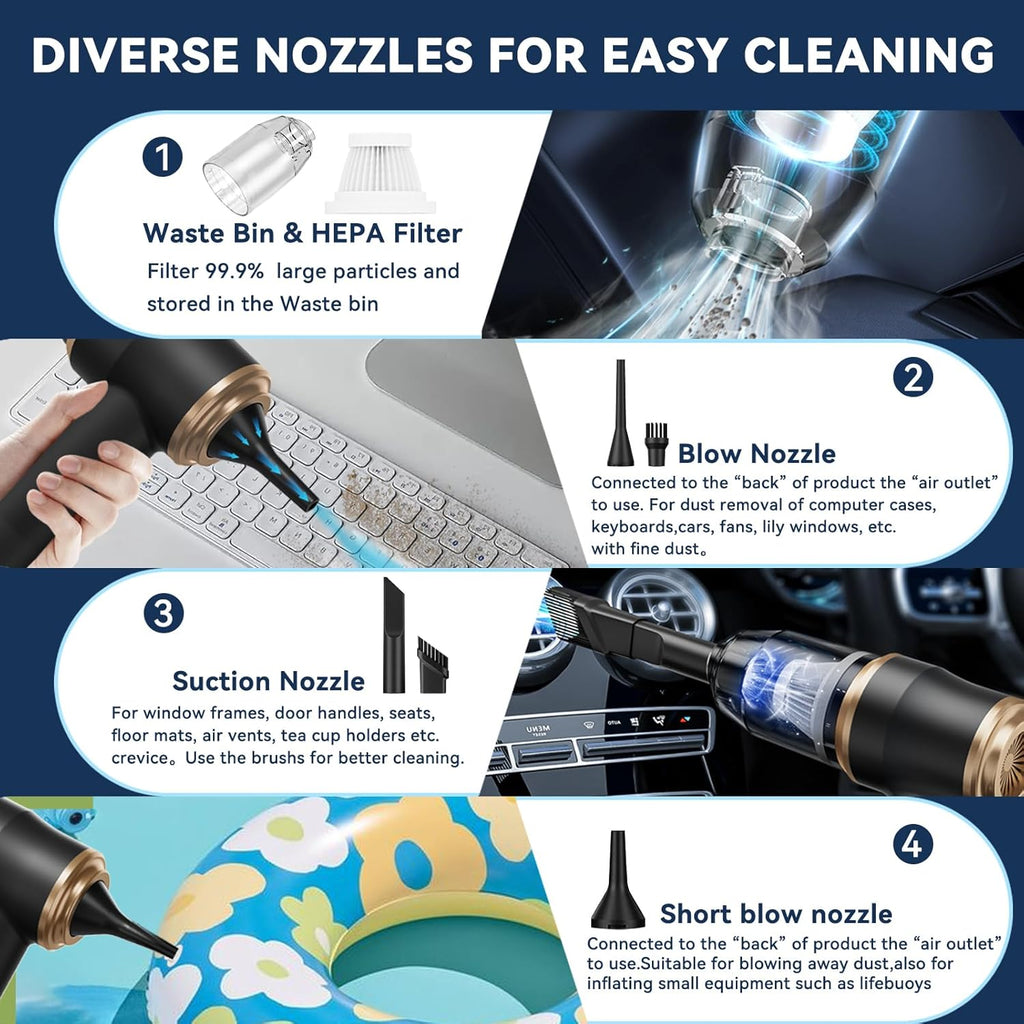 Mini Car Vacuum Portable Cordless Handheld Vacuum Cleaner and Air Duster 2 in 1 with Multi-Nozzles for Car, Computer, Sofa, Office, Pet, Home