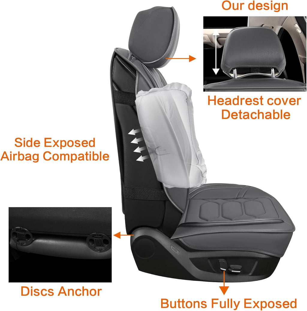 Pariitadin Leather Car Seat Covers Front Pair, Waterproof Breathable Faux Leather Automotive Seat Covers for Cars, Non-Slip Car Interior Covers Universal Fit Most Cars Sedans Trucks SUVs, Gray