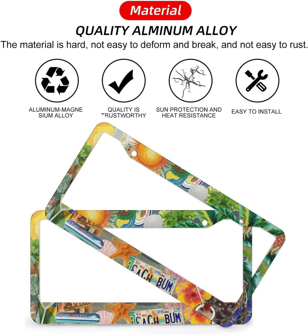 Summer Beach License Plate Frames - 2 Pcs Set 2 Holes Metal Aluminum Auto Car Accessories Decoration License Plate Frame 12.2 x 6.3 inch for Women Men Gift