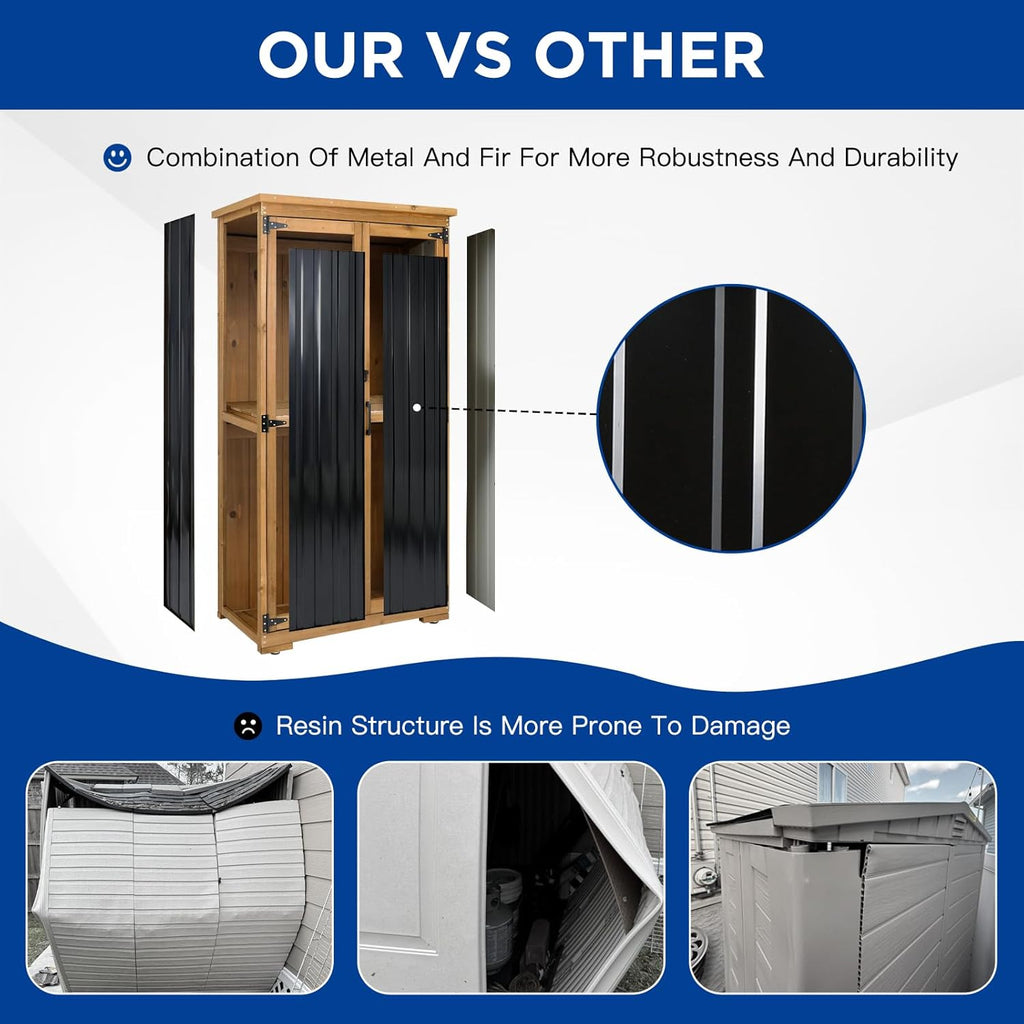 Outdoor Storage Cabinet Wood & Metal with Waterproof Roof, Garden Tool Shed with 3 Removable Shelves, 4 adjustable reinforced feet with metal brackets, 6 T-Hinge, magnetic door,15.6"D x 32.3"W x 66"H